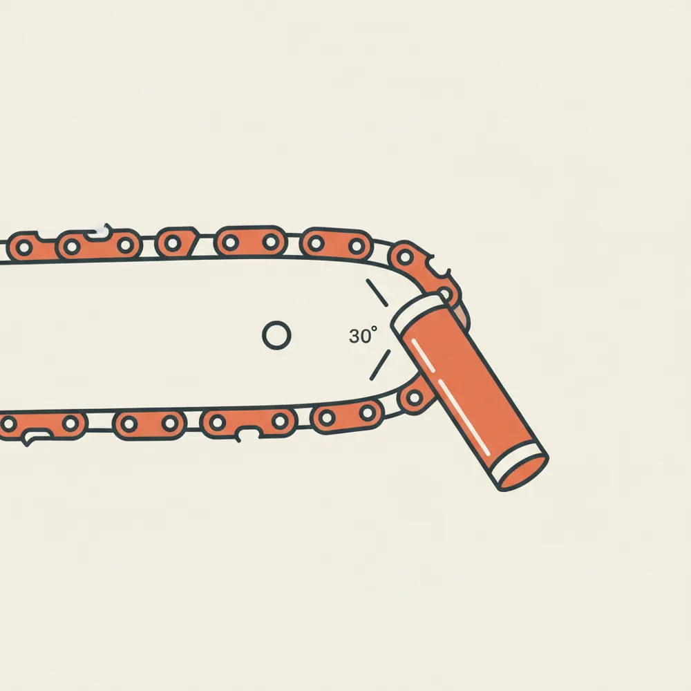 Round file angled against a chainsaw chain cutter at the standard 30-degree top-plate angle
