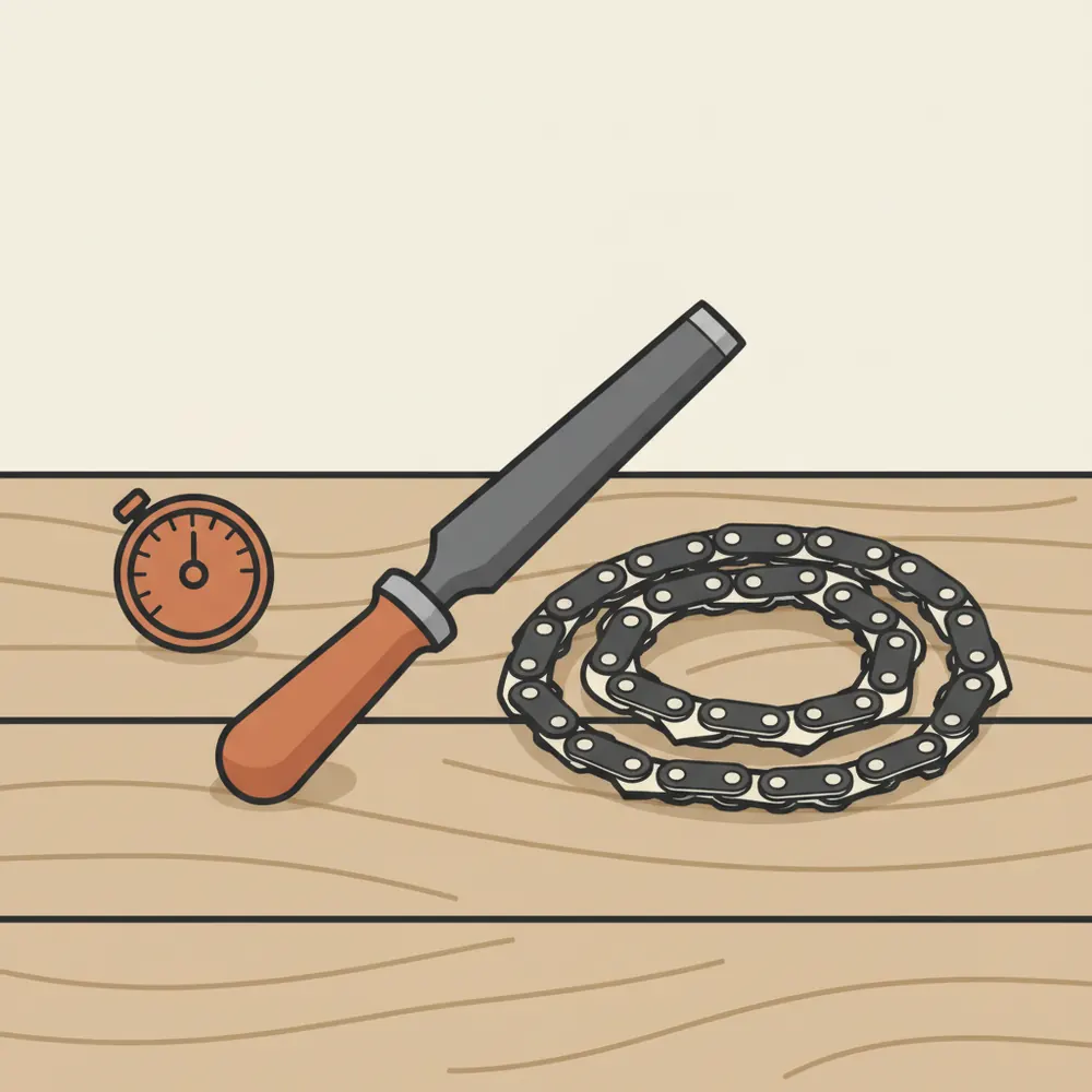 Chainsaw file, depth gauge tool, and chain laid out on a workbench for sharpening