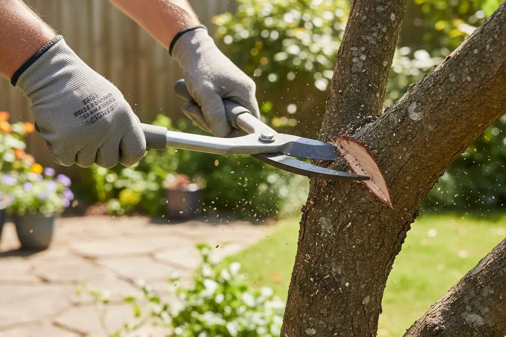 How to Prune a Tree Limb: The 3-Cut Method 1 Close-up of hands using bypass loppers to make an undercut on a thick tree branch