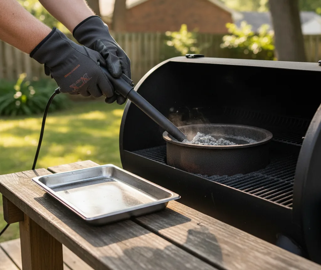 How to Clean a Pellet Grill 1 Shop vacuum removing ash from a pellet grill firepot with the grease tray visible below