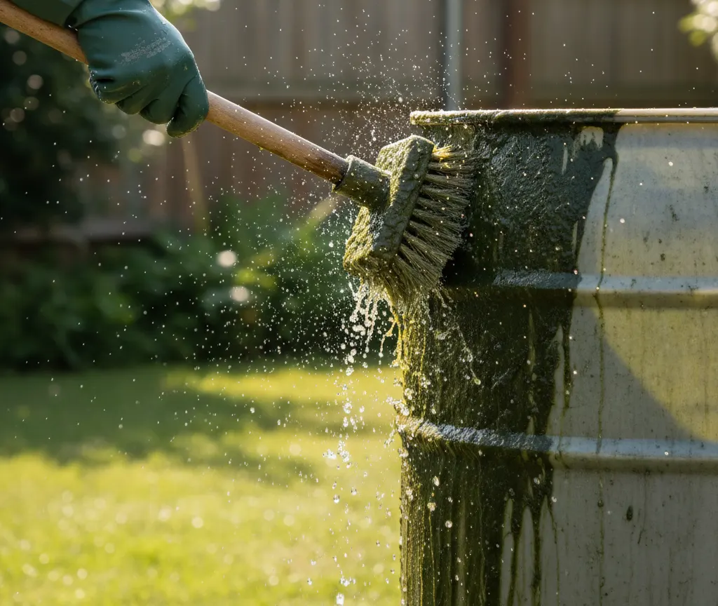 Rain Barrel Maintenance Guide 2 Rain barrel interior being scrubbed clean of algae buildup near the waterline