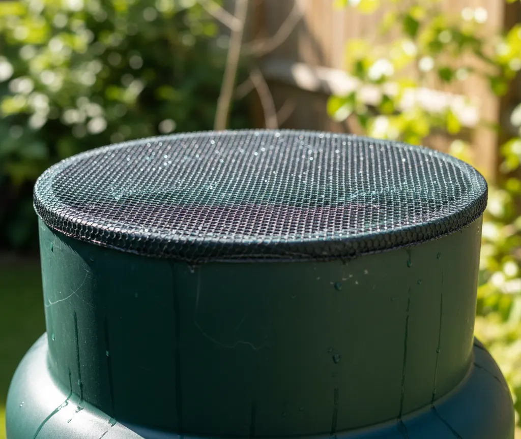 Rain Barrel Maintenance Guide 1 Fine mesh screen fitted over a rain barrel inlet to keep mosquitoes out