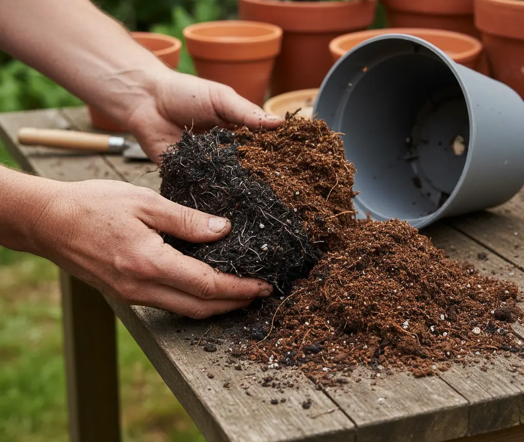 Can You Reuse Potting Soil? 1 Hands checking old potting soil from a container for reuse, root rot on one side and healthy soil on the other