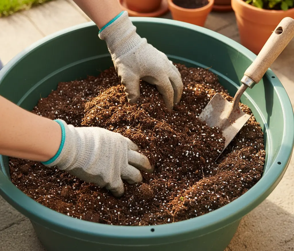 Can You Reuse Potting Soil? 2 Fresh potting mix and compost being blended into reused container soil in a garden tub