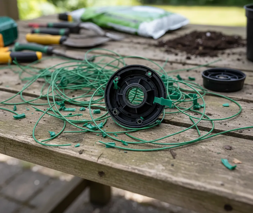 Trimmer head with spool cap removed and snapped trimmer line pieces scattered on a workbench