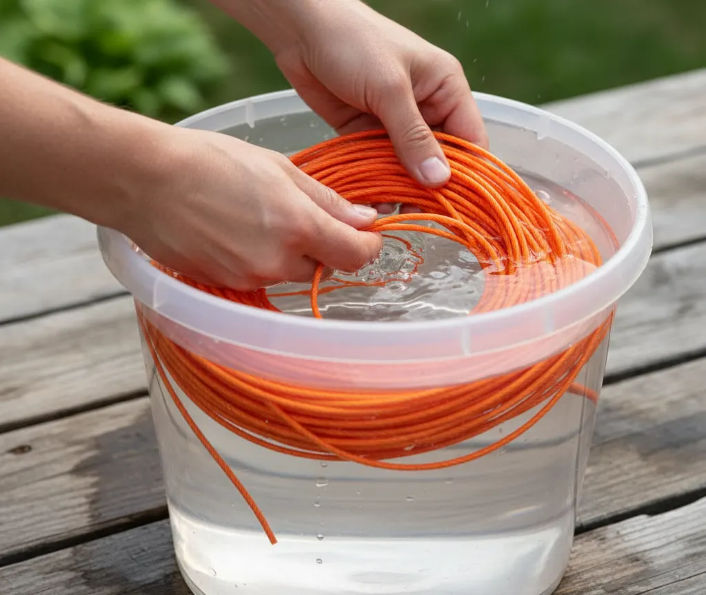 Close-up of string trimmer line spool being soaked in a bucket of water before loading