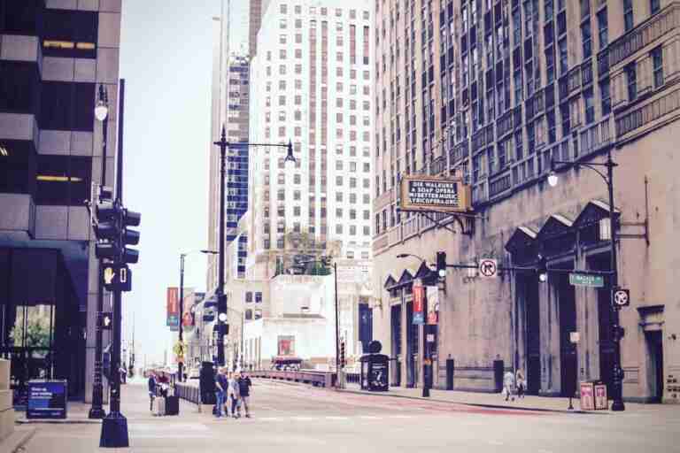 Dynamic urban street scene in downtown Chicago featuring iconic skyscrapers and bustling city life.