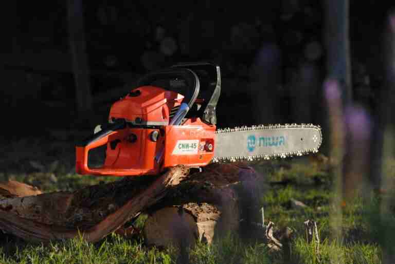 Bright orange chainsaw resting on a wood log outdoors, ideal for forestry or gardening themes.